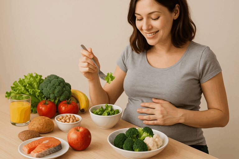 Alimentazione in gravidanza. Donna incinta che mangia broccoli e salmone, alimenti sani consigliati durante la gravidanza