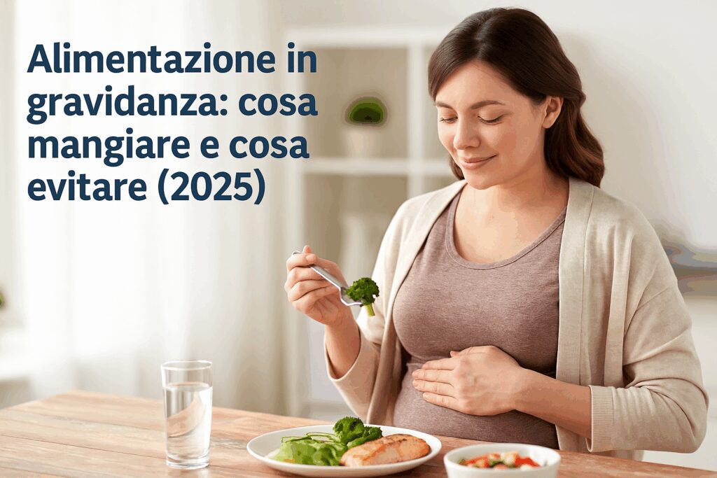 Alimentazione in gravidanza: cosa mangiare e cosa evitare (Guida completa 2025) 2 Alimentazione in gravidanza. Donna incinta che mangia broccoli e salmone, alimenti sani consigliati durante la gravidanza