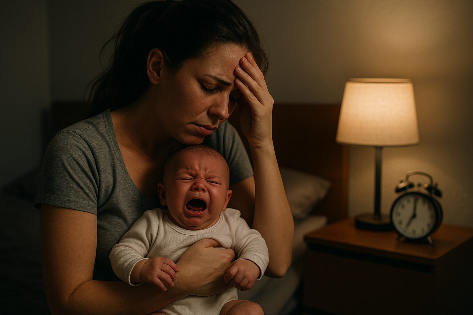 Mamma stanca che tiene in braccio un neonato con coliche