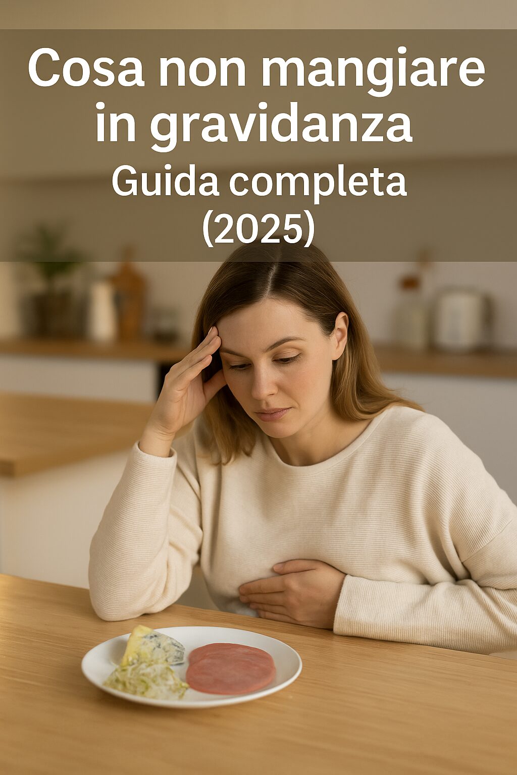 Cosa non mangiare in gravidanza. Donna incinta preoccupata davanti a un piatto con cibi vietati in gravidanza: formaggio non pastorizzato, affettati, germogli