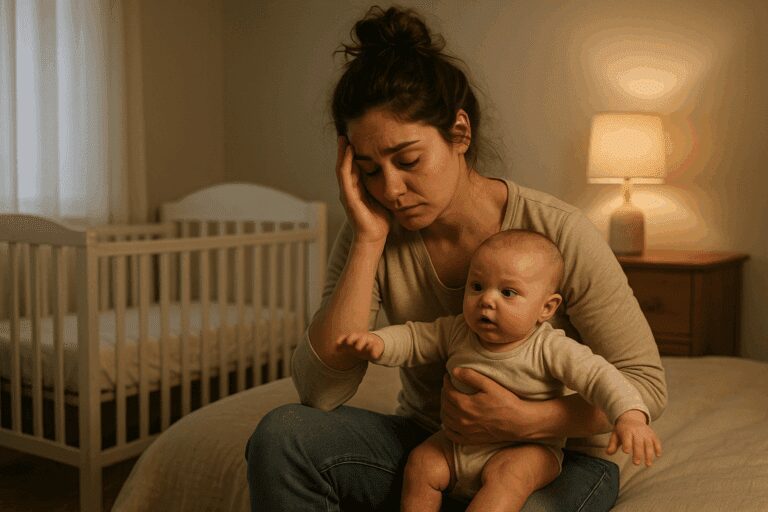 Mamma stanca tiene in braccio un neonato che non dorme