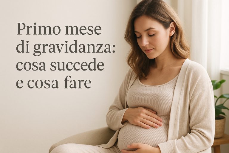 Donna incinta seduta con mano sul ventre, in un momento intimo e riflessivo del primo mese di gravidanza