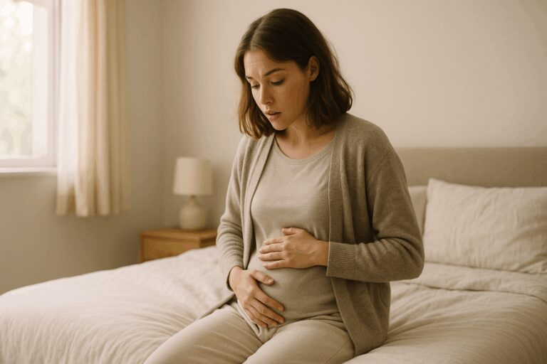 Donna che osserva il proprio corpo nei primi sintomi della gravidanza