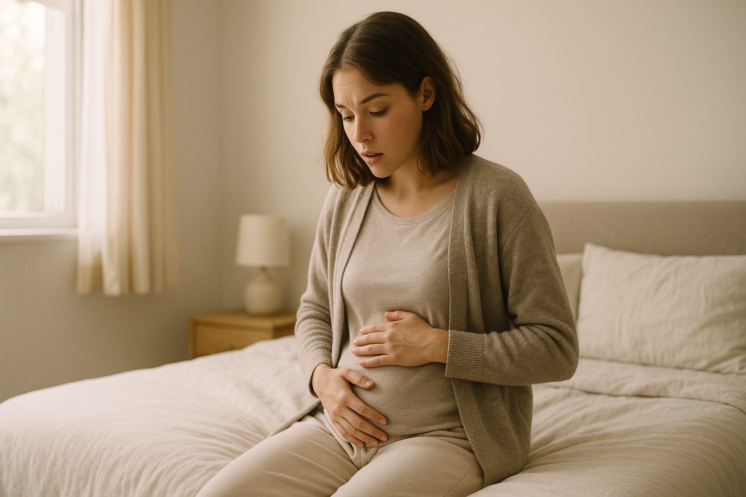 Donna che osserva il proprio corpo nei primi sintomi della gravidanza