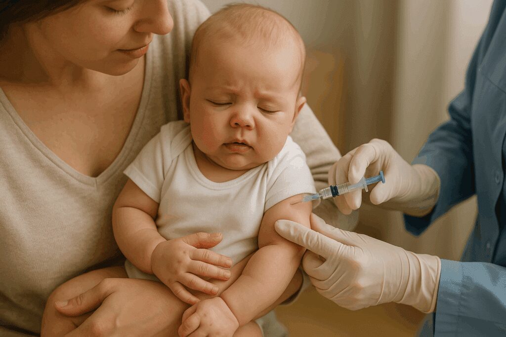 Vaccini neonato: 7 cose da sapere prima della prima dose 2 Vaccini neonato. Neonato in braccio alla mamma durante la prima vaccinazione