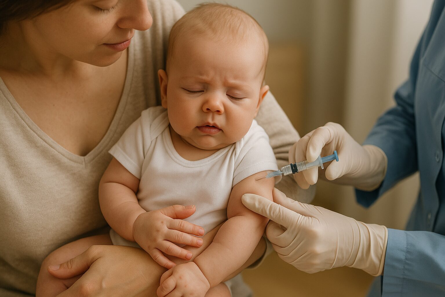 Vaccini neonato. Neonato in braccio alla mamma durante la prima vaccinazione