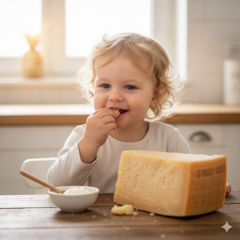 Bambino felice seduto a tavola che mangia un piccolo pezzo di Parmigiano Reggiano, con una ciotolina di formaggio spalmabile accanto. formaggi bambini