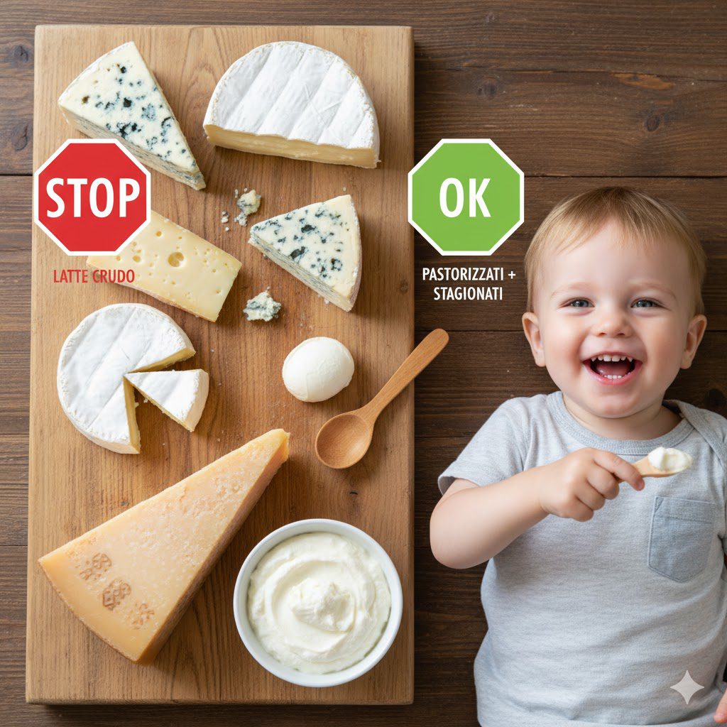 Vari formaggi su un tagliere con segnali STOP (per latte crudo e molli) e OK (per formaggi pastorizzati e stagionati) accanto a un bambino sorridente. Formaggi bambini