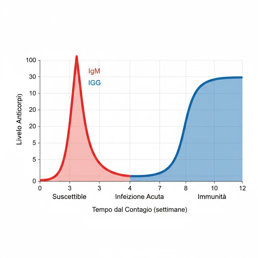 Grafico che spiega il Rubeo test (IgG e IgM) per la rosolia in gravidanza, mostrando la curva delle IgM (infezione acuta) e delle IgG (immunità permanente).