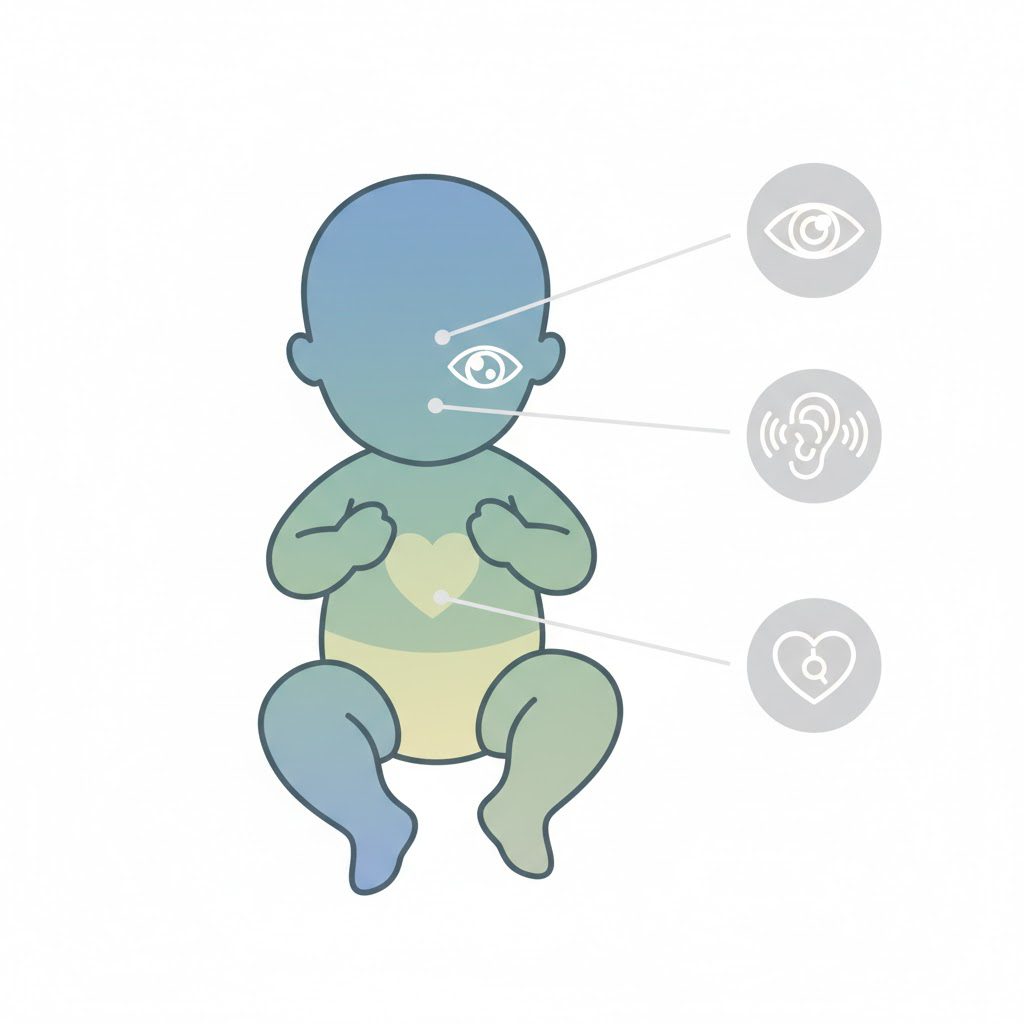 Illustrazione dei principali difetti della Sindrome da Rosolia Congenita, conseguenza della rosolia in gravidanza, inclusa la triade di cataratta, sordità e difetti cardiaci.