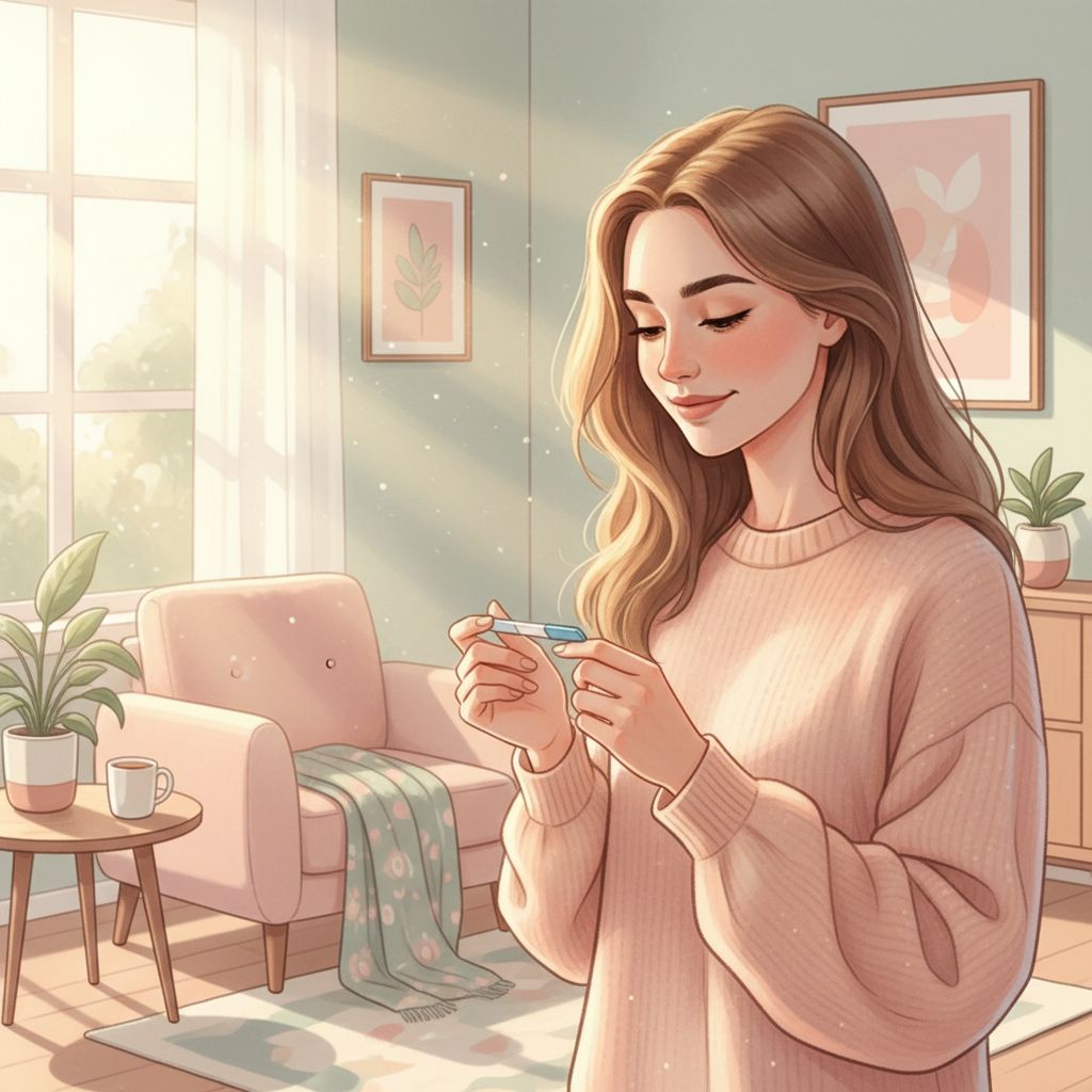 Donna sorridente che scopre i sintomi inizio gravidanza con test positivo