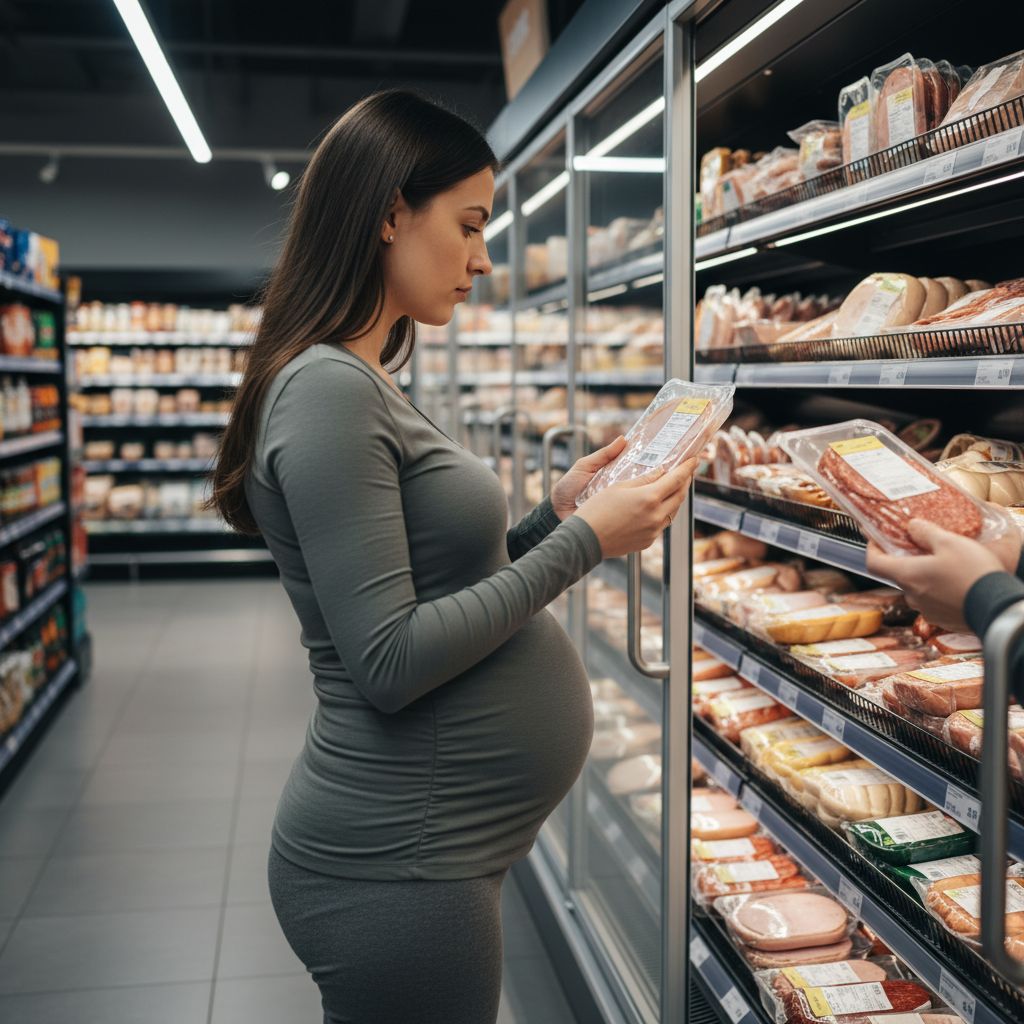Donna in gravidanza che legge etichetta prosciutto cotto al supermercato