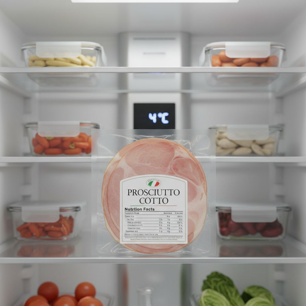 Confezione sottovuoto di prosciutto cotto in gravidanza conservata in frigorifero