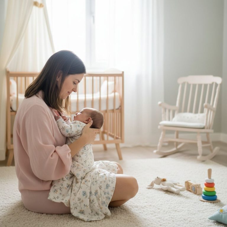 Bambino che gattona felice sul tappeto invece di usare il girello che fa male
