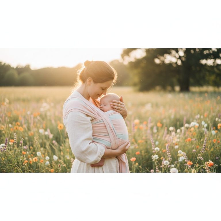Mamma che pratica babywearing con neonato in fascia rigida