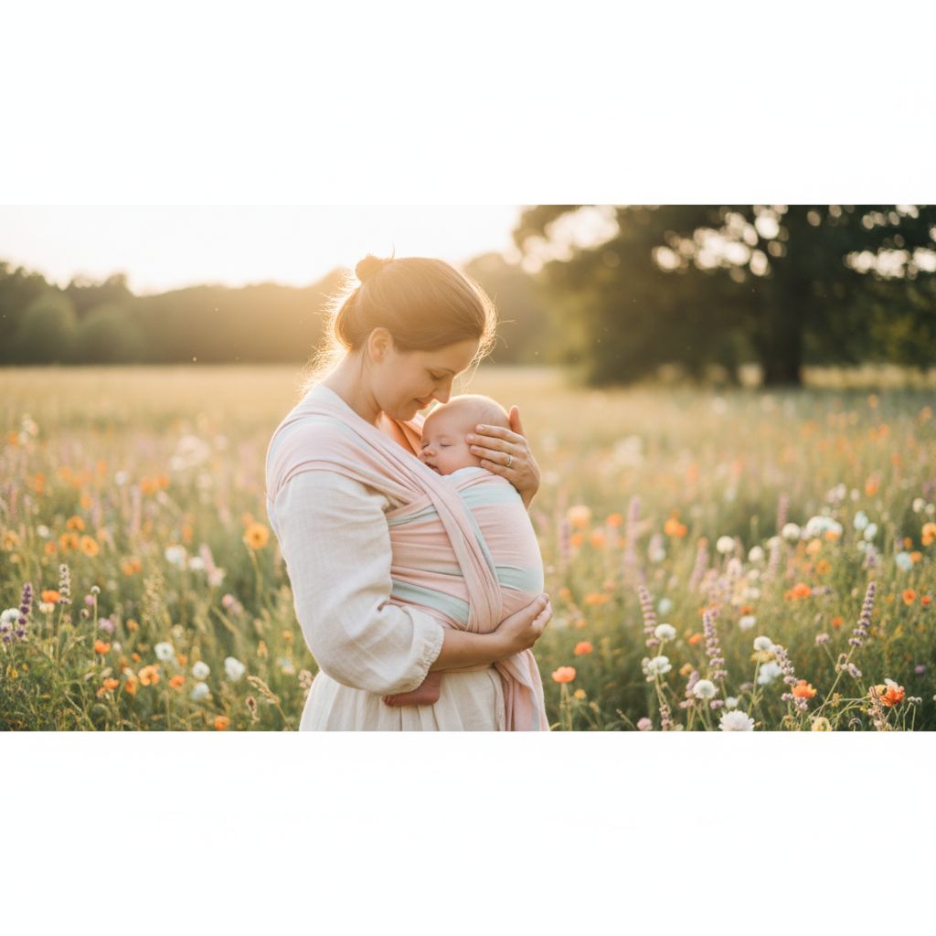 Mamma che pratica babywearing con neonato in fascia rigida