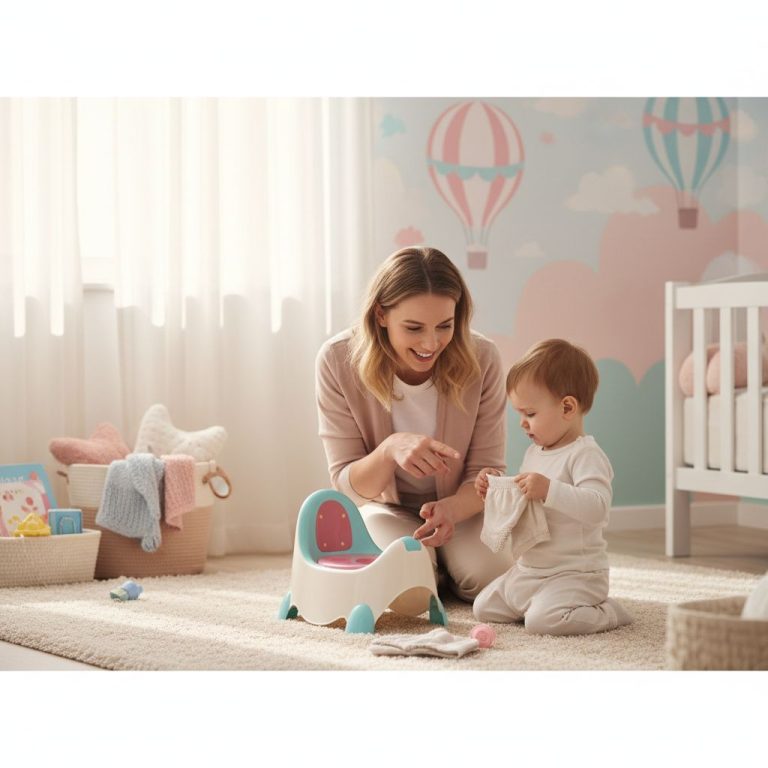 Bambino sorridente seduto sul vasino mentre impara come togliere il pannolino
