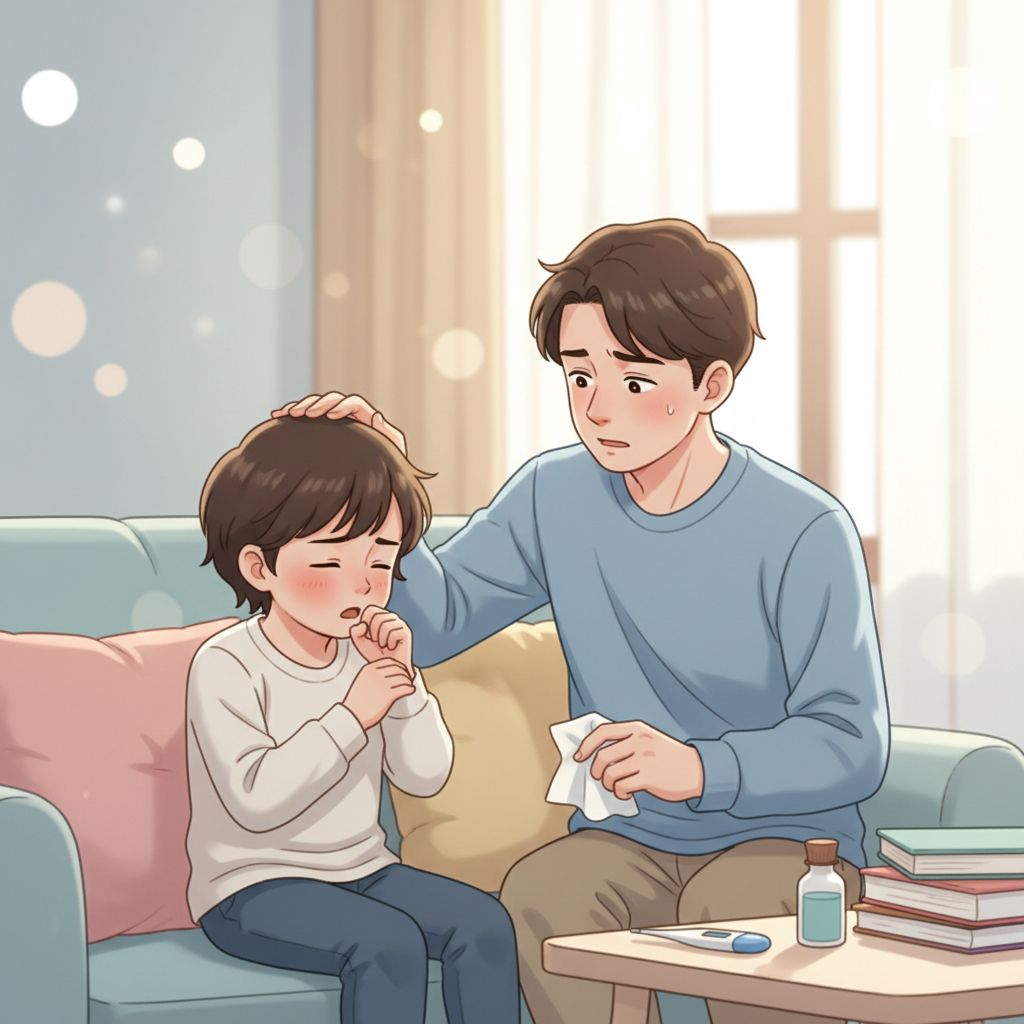 Mamma che misura la febbre al bambino con sintomi pertosse