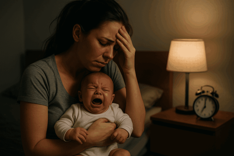 Mamma stanca che tiene in braccio un neonato con coliche
