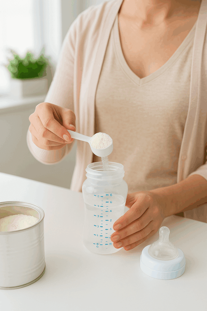 Come Preparare il Latte in Polvere in 2 Minuti: Metodo Veloce e Sicuro 2 Mamma prepara latte in polvere velocemente con biberon e acqua calda sul piano cucina