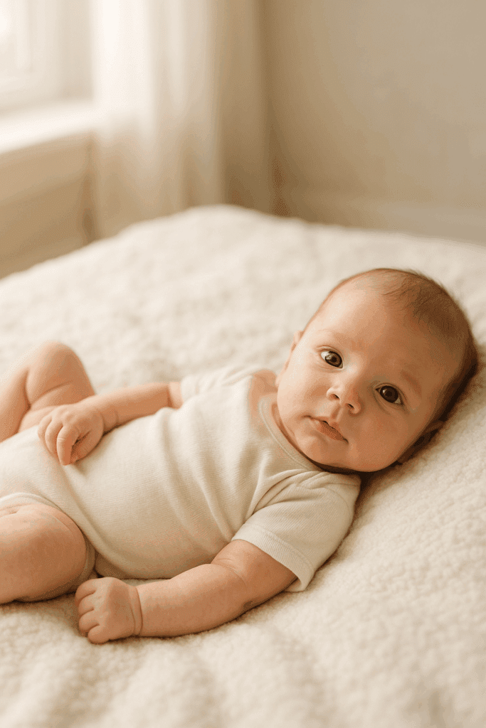 Neonato 1 mese: crescita, sviluppo e consigli utili 2 Neonato di 1 mese sdraiato su una copertina, vigile e tranquillo