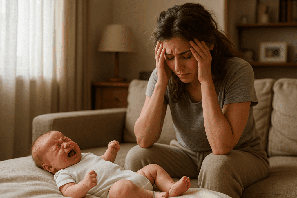 Come stimolare la cacca nel neonato: rimedi sicuri e consigli pratici 2 Neonato che piange per le coliche mentre la mamma appare stanca e preoccupata