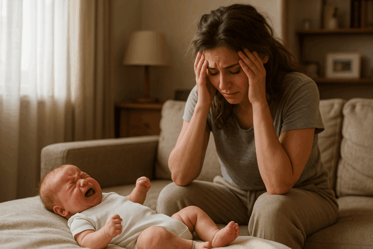 Neonato che piange per le coliche mentre la mamma appare stanca e preoccupata