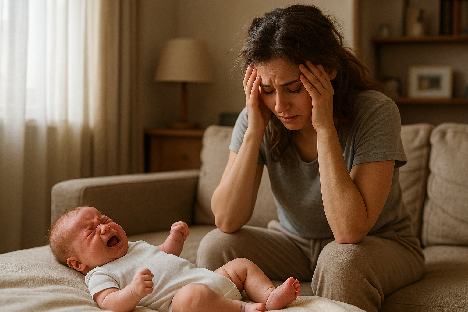 Neonato che piange per le coliche mentre la mamma appare stanca e preoccupata