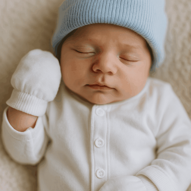 Neonato con mani fredde avvolto in coperta invernale in ambiente domestico