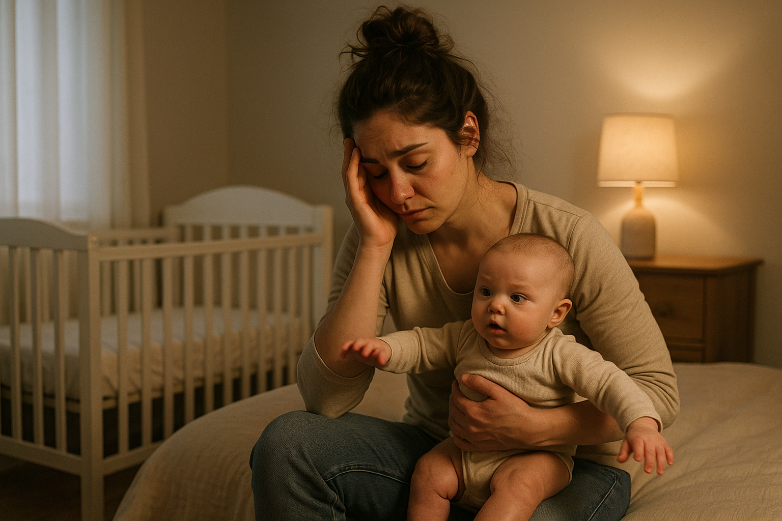 Mamma stanca tiene in braccio un neonato che non dorme