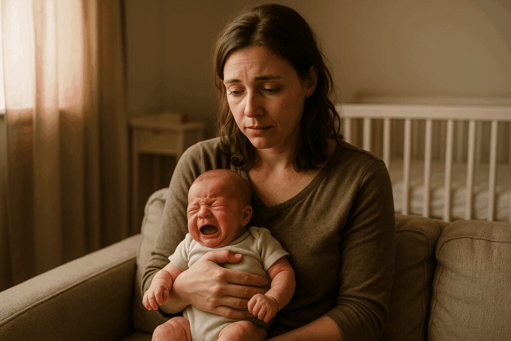 Pianto neonato: 7 cause comuni e soluzioni efficaci e sorprendenti 2 Neonato che piange in braccio alla mamma stanca nel salotto