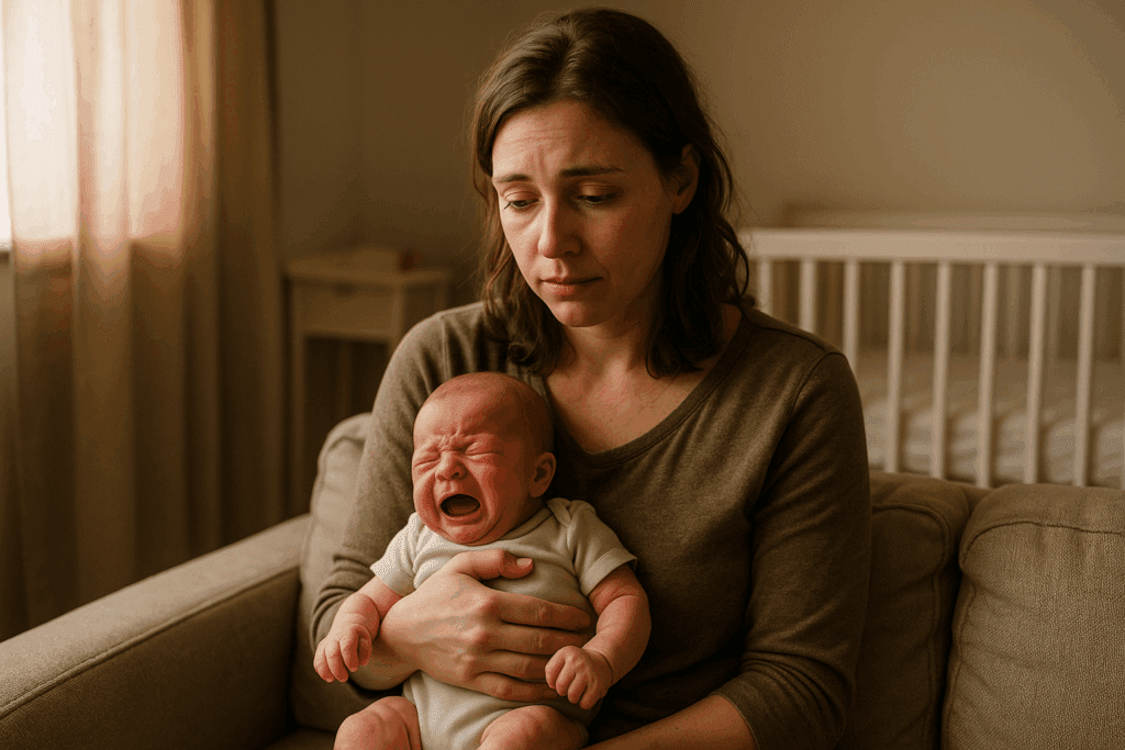 Pianto neonato: 7 cause comuni e soluzioni efficaci e sorprendenti 2 Neonato che piange in braccio alla mamma stanca nel salotto