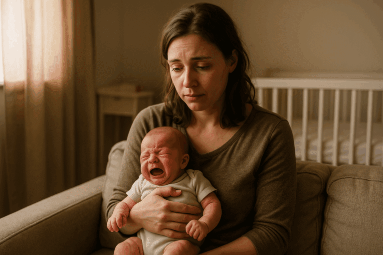 Neonato che piange in braccio alla mamma stanca nel salotto