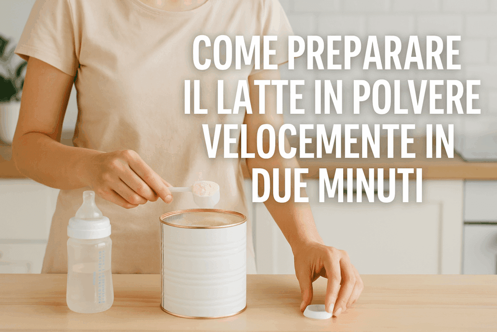 Mamma prepara latte in polvere velocemente con macchina automatica in cucina moderna