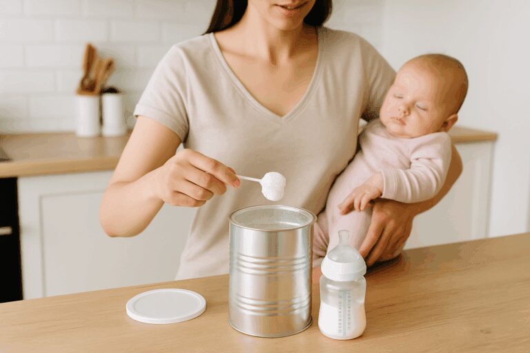 Madre che prepara il biberon con latte in polvere in una cucina luminosa e pulita preparazione latte in polvere