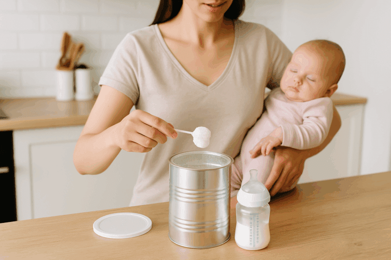 Madre che prepara il biberon con latte in polvere in una cucina luminosa e pulita preparazione latte in polvere