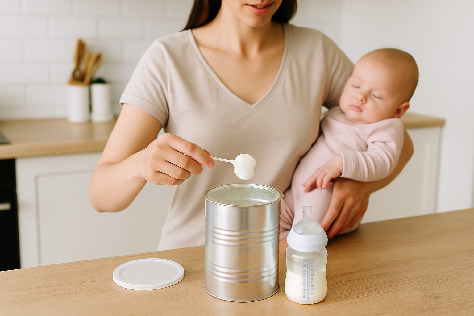 Madre che prepara il biberon con latte in polvere in una cucina luminosa e pulita preparazione latte in polvere