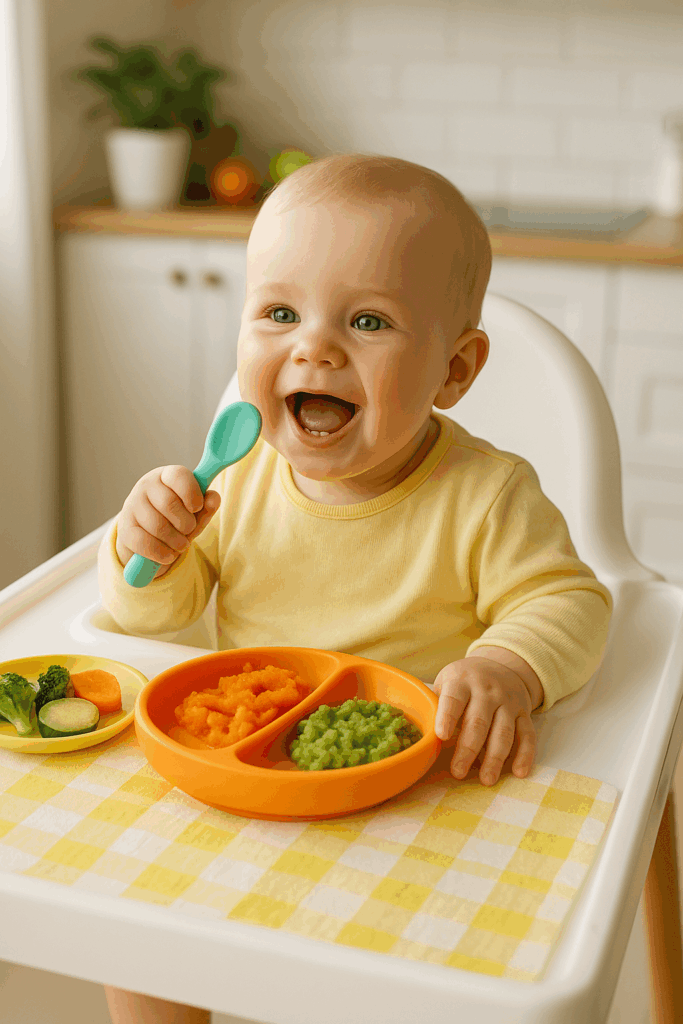 Svezzamento Facile: Consigli e Indicazioni per Iniziare Bene 2 Bambino felice in seggiolone che mangia pappe durante lo svezzamento facile