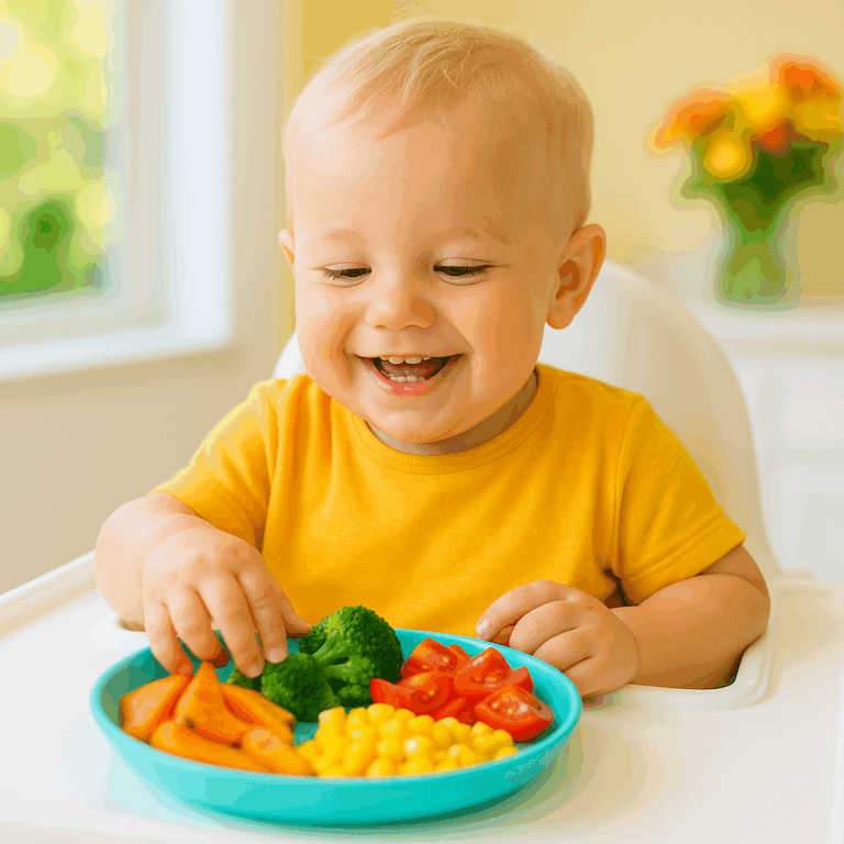 Bambino sorridente durante lo svezzamento facile con cibi sani e colorati