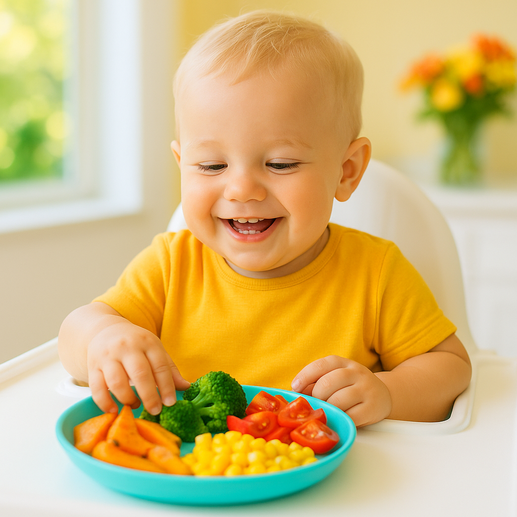Bambino sorridente durante lo svezzamento facile con cibi sani e colorati