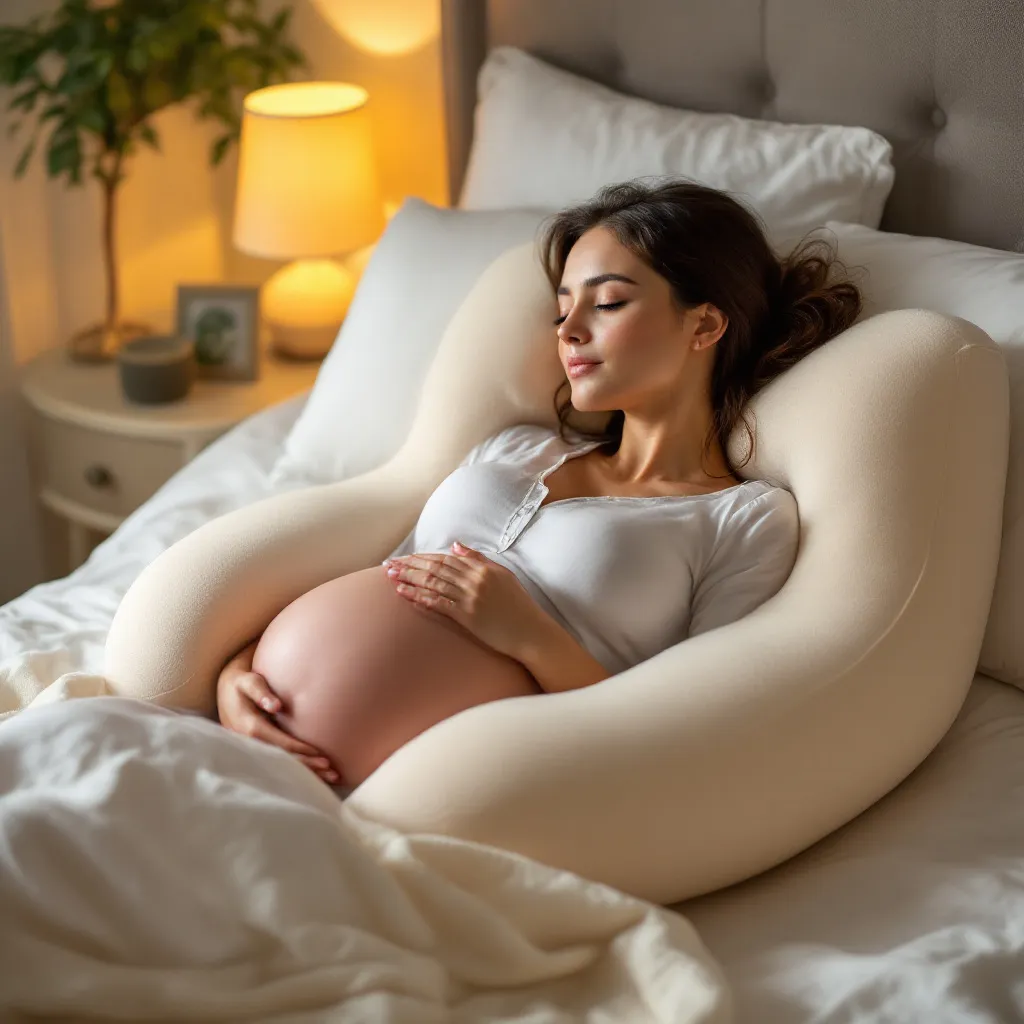 Donna incinta che utilizza cuscino gravidanza per dormire comodamente
