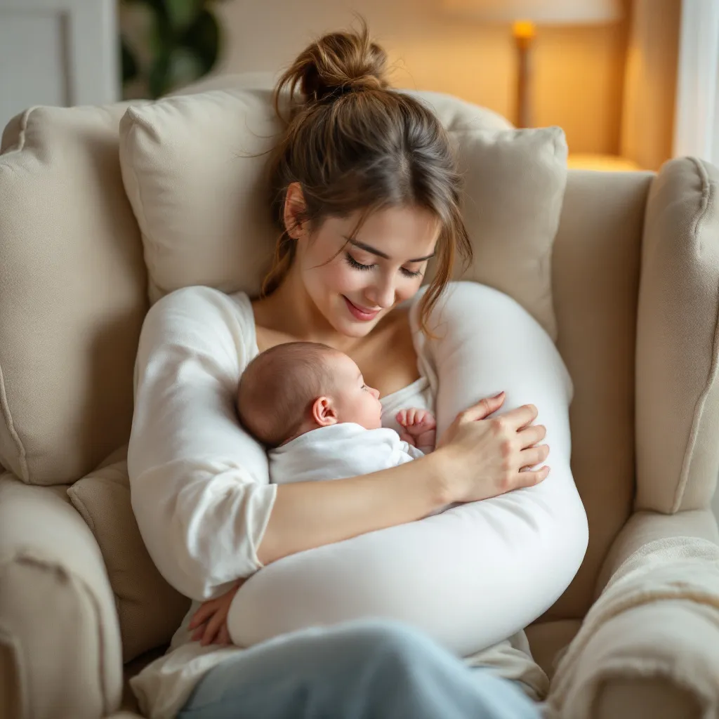 mamma che utilizza cuscino allattamento per posizione corretta