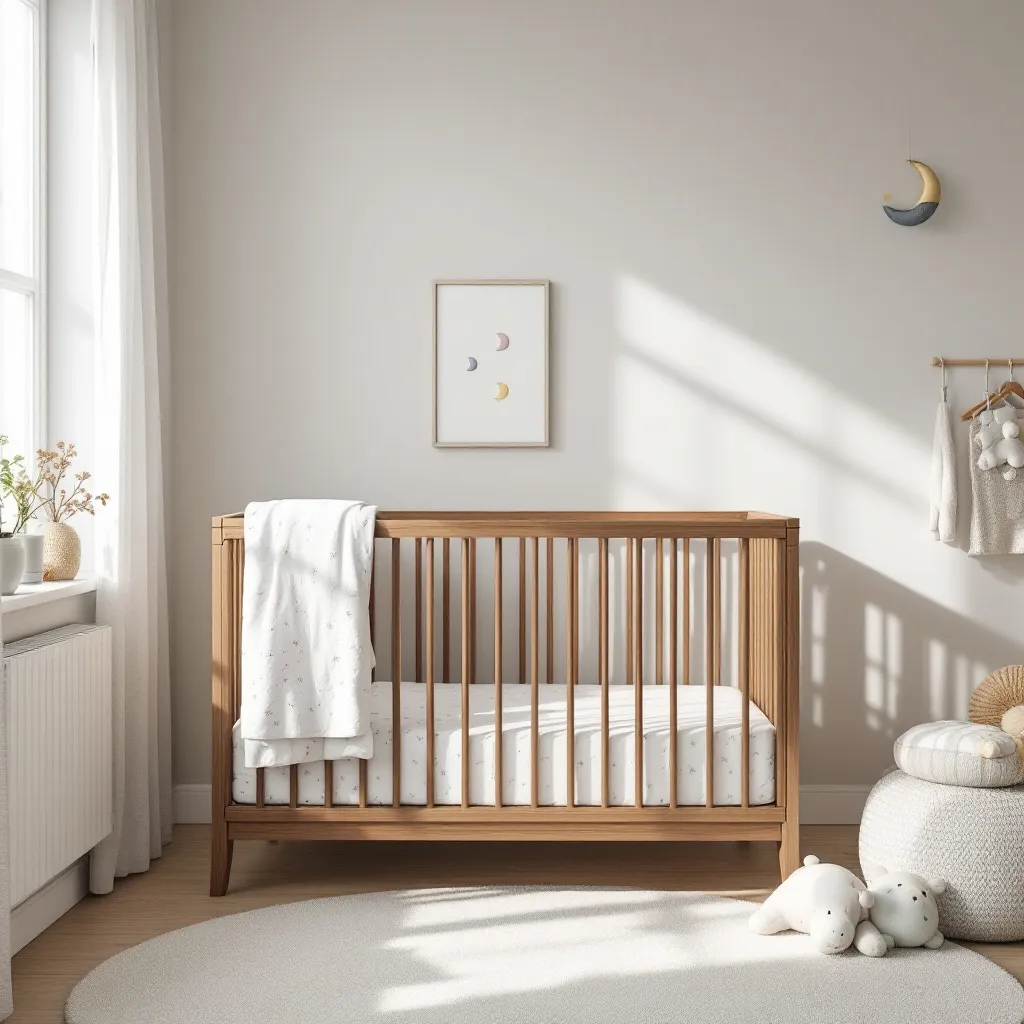 Lettino neonato in legno naturale con biancheria bianca