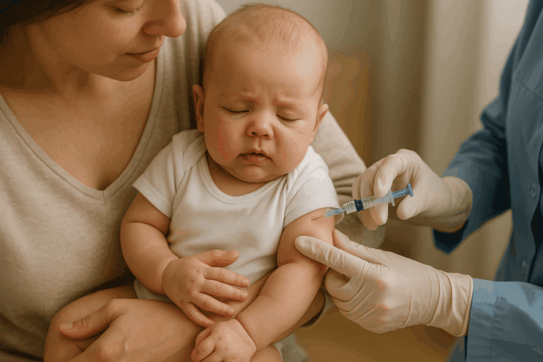 Neonato in braccio alla mamma durante la prima vaccinazione