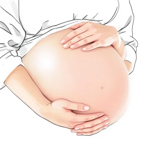 Mani di donna incinta che proteggono il pancione preoccupata per perdite marroni in gravidanza
