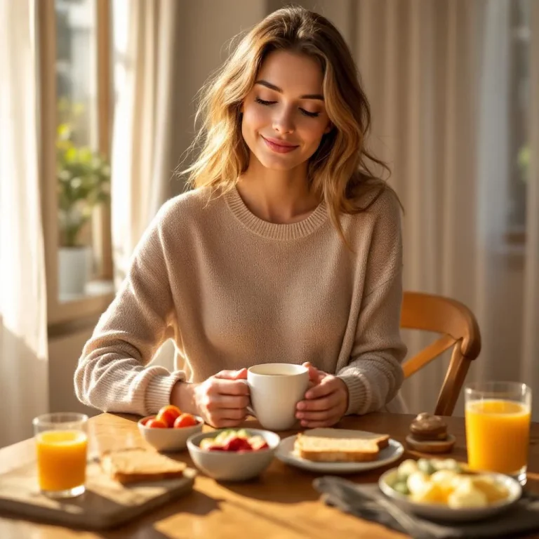 Donna incinta che beve caffè in gravidanza seduta al tavolo della cucina