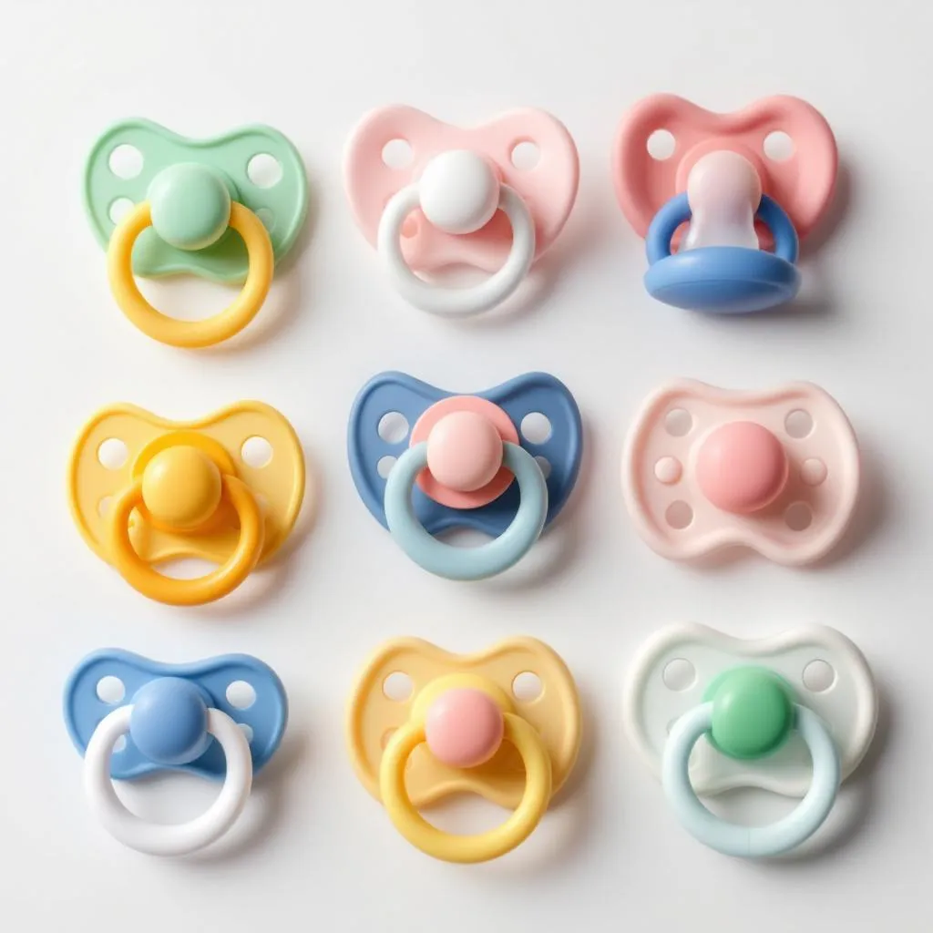 Diversi modelli di ciuccio per neonati in silicone colorato