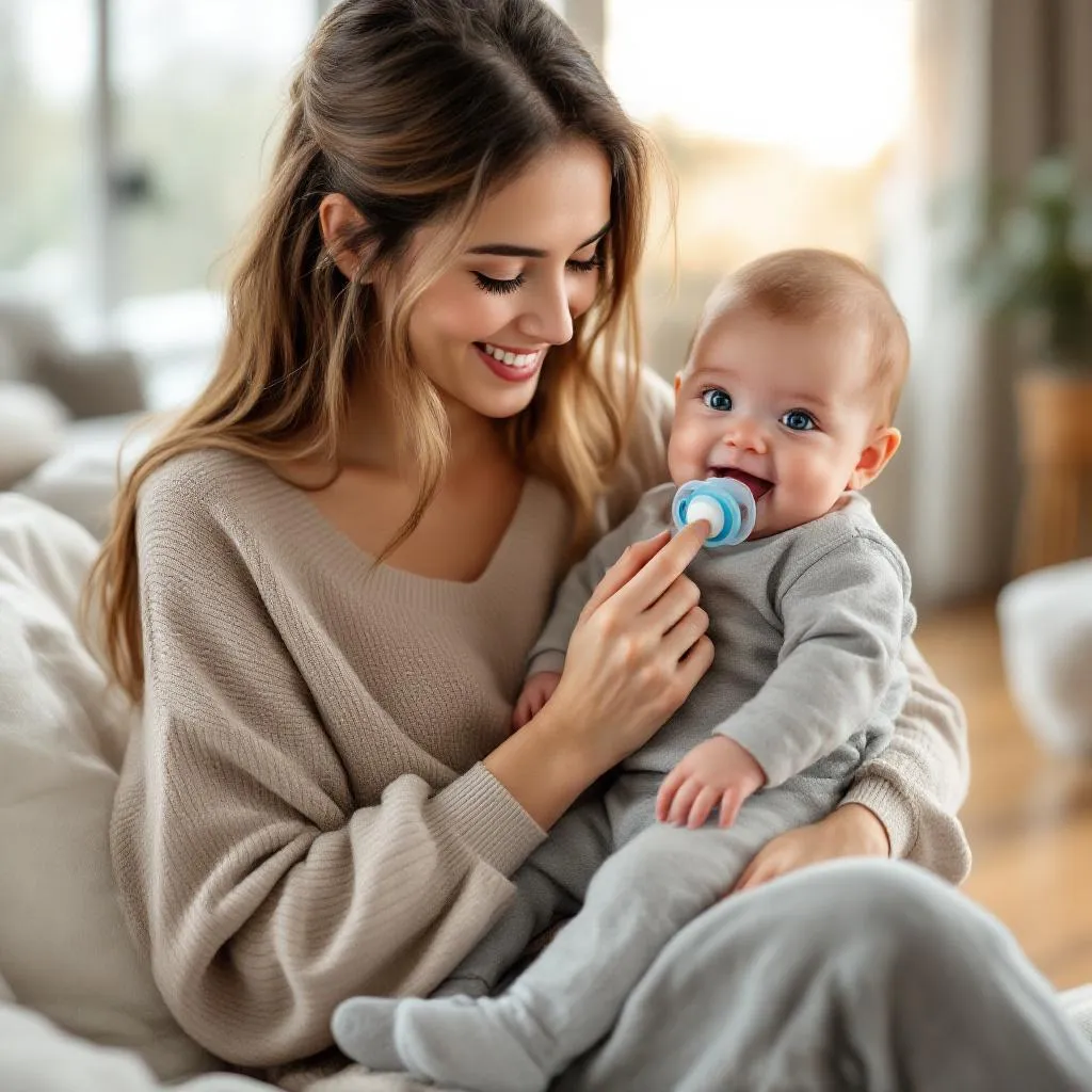 Mamma che offre delicatamente un ciuccio per neonati al suo bambino