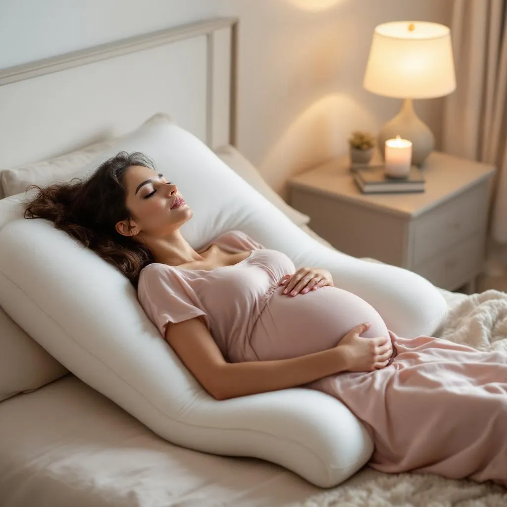 Donna incinta che dorme comodamente con cuscino per la gravidanza