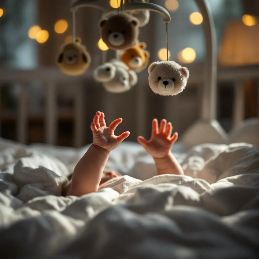 Neonato che osserva carillon con animaletti in movimento